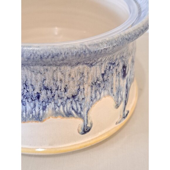 Signed Studio Art Pottery Knife Bowl For Dips & Spreads Blue & White Drip Glaze - Picture 4 of 10